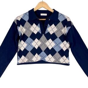 Cropped Polo Sweater Women Small Blue Argyle Clueless Preppy Schoolgirl Academia